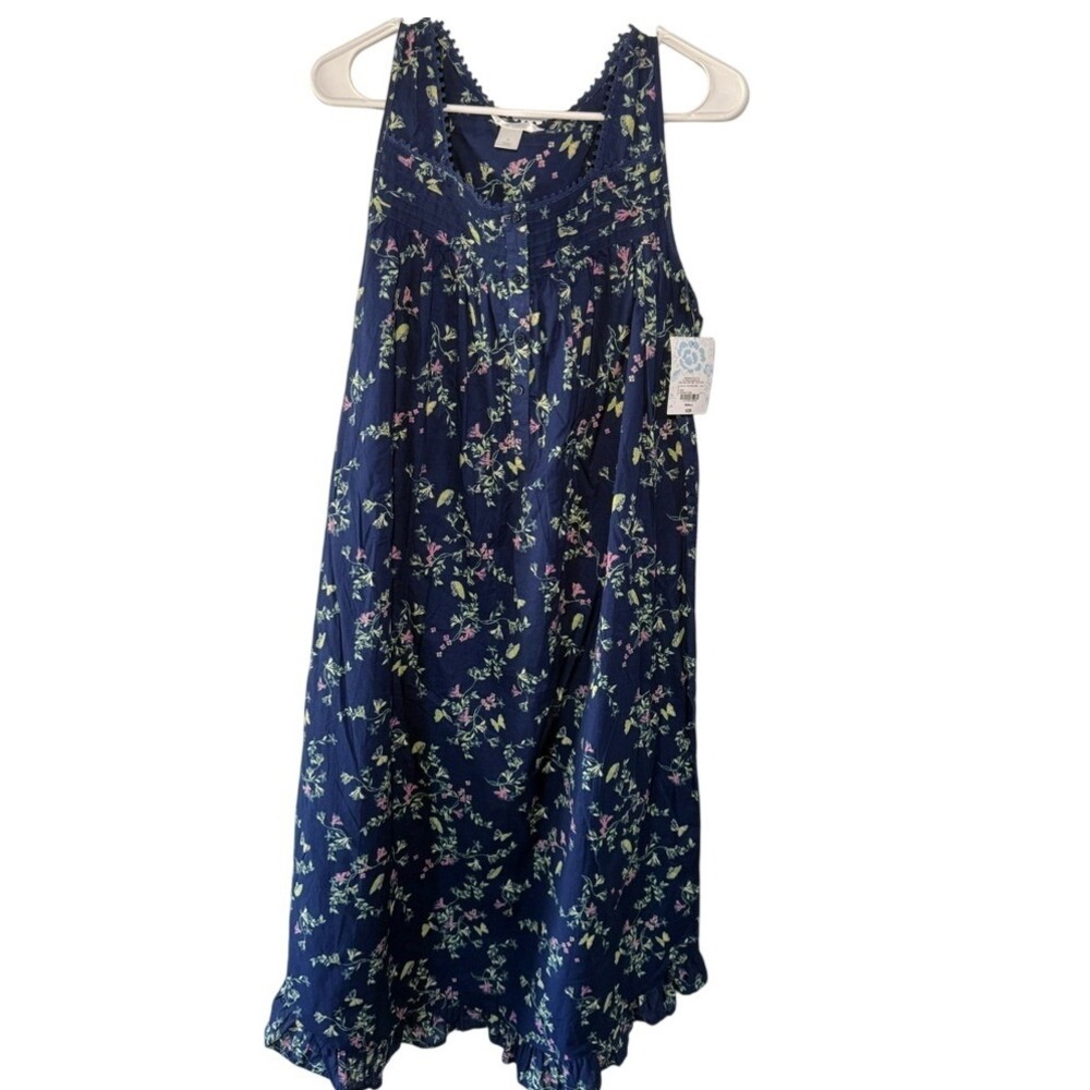 Adonna Sleepwear Navy Blue Floral Butterfly Cotton Nightgown Sleeveless Small